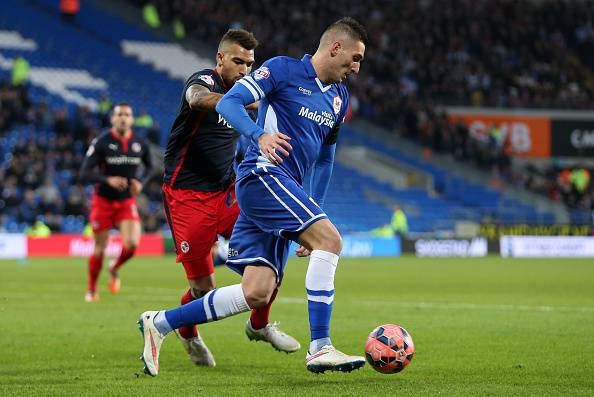 CARDIFF, WALES - JANUARY 24:   Federico Macheda of Cardiff holds off pressure from Nick Blackman of Reading during the FA Cup Fourth Round match between Cardiff City and Reading at Cardiff City Stadium on January 24, 2015 in Cardiff, Wales.  (Photo by Ben Hoskins/Getty Images)