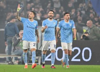Zaccagni, Luis Alberto e Cataldi festeggiano il gol con la Roma